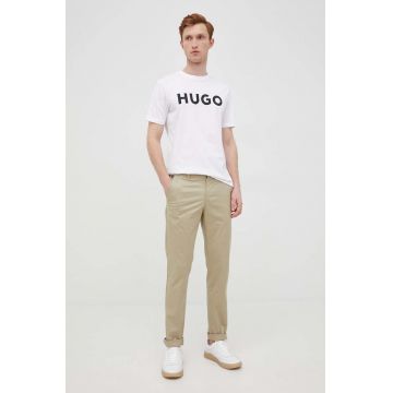 HUGO tricou din bumbac barbati, culoarea alb, cu imprimeu, 50467556