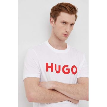 HUGO tricou din bumbac bărbați, culoarea alb, cu imprimeu, 50467556