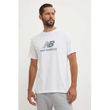 New Balance tricou din bumbac Essentials Cotton bărbați, culoarea alb, cu imprimeu, MT41502WT