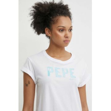 Pepe Jeans tricou din bumbac JANET femei, culoarea alb, PL505836