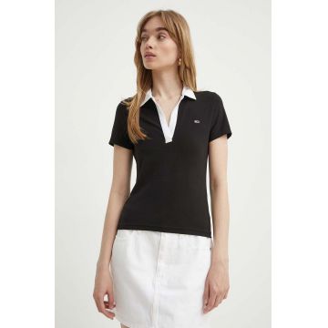 Tommy Jeans tricou polo femei, culoarea negru, DW0DW17225