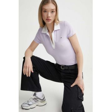 Tommy Jeans tricou polo femei, culoarea violet, DW0DW17225