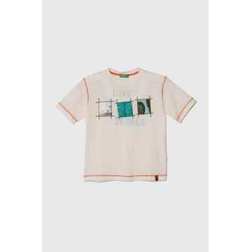 United Colors of Benetton tricou de bumbac pentru copii culoarea bej, cu imprimeu