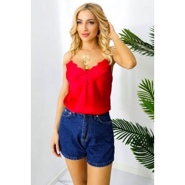 Top din satin Juliana, cu bretele subtiri reglabile si dantela, Rosu, Marime S/M