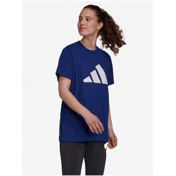 Tricou cu decolteu la baza gatului si imprimeu, albastru, dama, Adidas