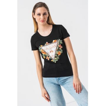 Tricou de bumbac cu imprimeu floral si logo