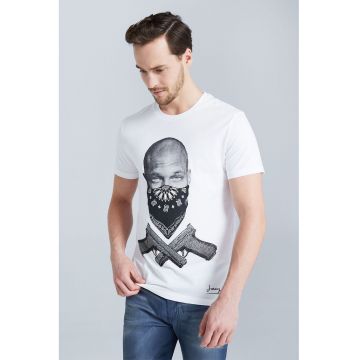 Tricou de bumbac organic cu decolteu la baza gatului si imprimeu Jeremy Meeks