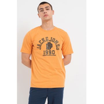 Tricou cu decolteu la baza gatului si imprimeu logo - din amestec de bumbac