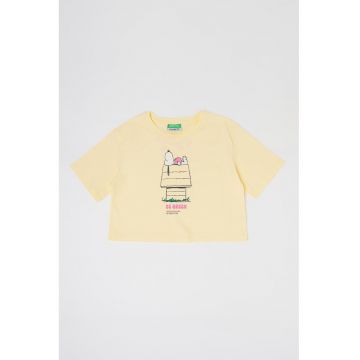 Tricou crop de bumbac cu imprimeu si decolteu la baza gatului