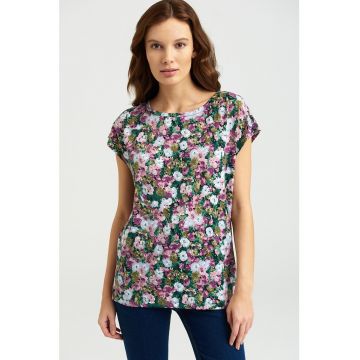 Tricou cu decolteu rotund si imprimeu floral