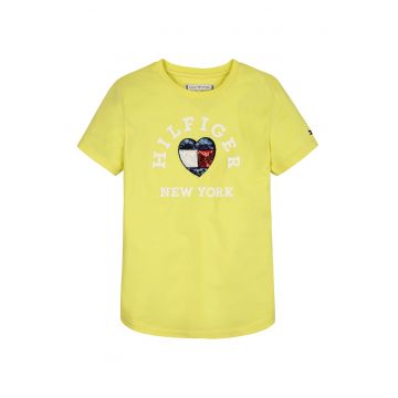 Tricou din bumbac cu imprimeu logo si aplicatii cu paiete