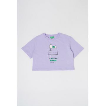 Tricou crop de bumbac cu imprimeu si decolteu la baza gatului