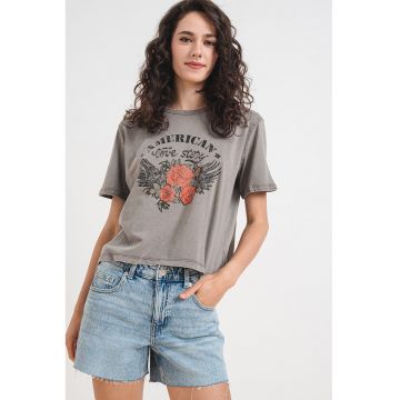 Tricou cu decolteu la baza gatului si imprimeu Elina