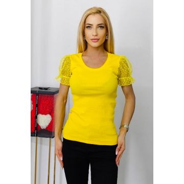 Bluza eleganta Deea, cu maneci scurte, bufante si textura transparenta, Galben, Marime universala S/M