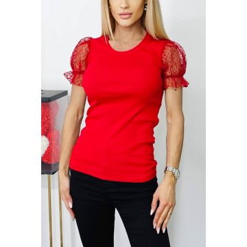 Bluza eleganta Deea, cu maneci scurte, bufante si textura transparenta, Rosu, Marime universala S/M