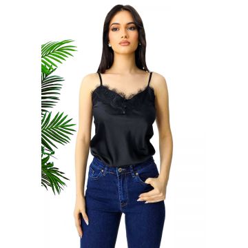 Top din satin Juliana, cu bretele subtiri reglabile si dantela, Negru, Marime S/M