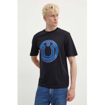 Hugo Blue tricou din bumbac barbati, culoarea negru, cu imprimeu, 50519706