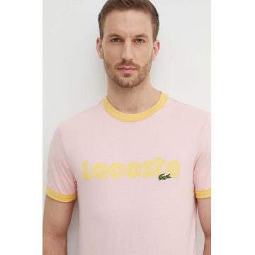 Lacoste tricou din bumbac barbati, culoarea roz, modelator