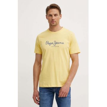 Pepe Jeans tricou din bumbac ABEL barbati, culoarea galben, cu imprimeu, PM509428