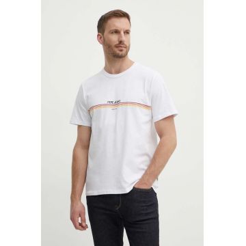 Pepe Jeans tricou din bumbac ADUR barbati, culoarea alb, cu imprimeu, PM509427