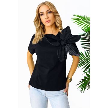 Tricou din bumbac Boemia, cu detaliu floral supradimensionat, in relief, Negru