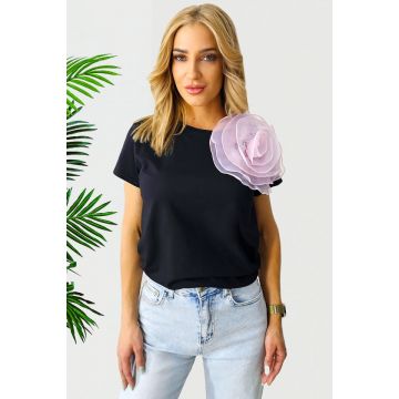 Tricou din bumbac Lizea, cu accesoriu floral roz din organza, Negru