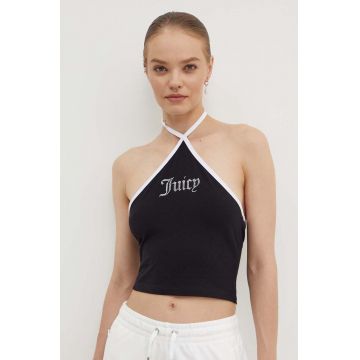 Juicy Couture top CONTRAST CROSS OVER HALTER TOP femei, culoarea negru, JCWCT24304