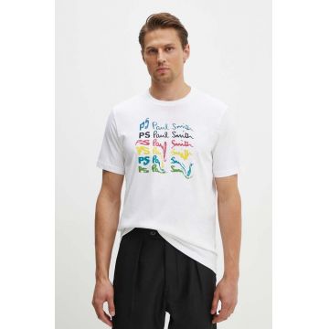 PS Paul Smith tricou din bumbac barbati, culoarea alb, cu imprimeu, M2R.011R.NP4697