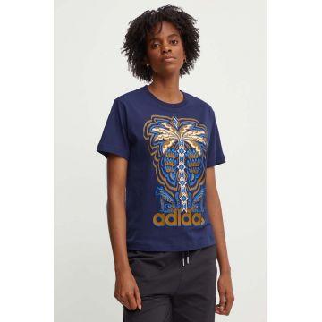 adidas tricou din bumbac x Farm Rio femei, culoarea albastru marin, IV9758