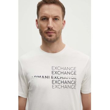 Armani Exchange tricou din bumbac barbati, culoarea bej, cu imprimeu, 3DZTAC ZJ9TZ