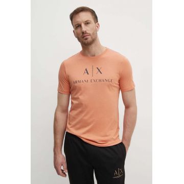 Armani Exchange tricou din bumbac culoarea portocaliu, cu imprimeu