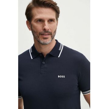 Boss Green tricou polo barbati, culoarea albastru marin, cu imprimeu