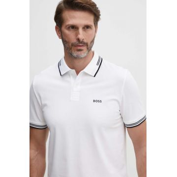 Boss Green tricou polo barbati, culoarea bej, cu imprimeu