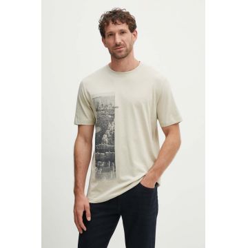 Boss Orange tricou din bumbac barbati, culoarea bej, cu imprimeu, 50522640