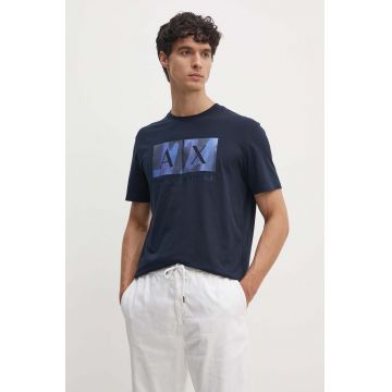 Armani Exchange tricou din bumbac barbati, culoarea albastru marin, cu imprimeu, 6DZTHF ZJH4Z