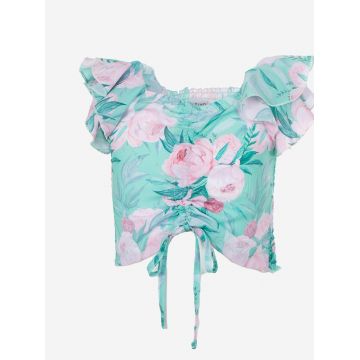 Bluza cu maneca scurta, imprimeu floral si snur reglabil, verde, fete, Ativo