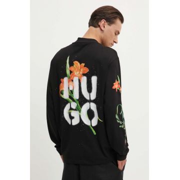 HUGO longsleeve din bumbac culoarea negru, cu imprimeu, 50517427