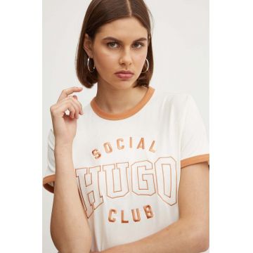 HUGO tricou din bumbac femei, culoarea bej, 50530170