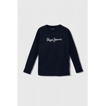 Pepe Jeans longsleeve din bumbac pentru copii NEW HERMAN culoarea albastru marin, cu imprimeu, PB503919