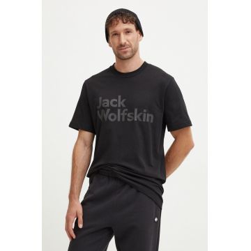 Jack Wolfskin tricou din bumbac Brand barbati, culoarea negru, cu imprimeu, 1809591