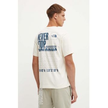 The North Face tricou din bumbac Coordinates Tee barbati, culoarea bej, cu imprimeu, NF0A89DAQLI1