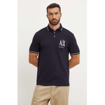 Armani Exchange tricou polo barbati, culoarea albastru marin, cu imprimeu