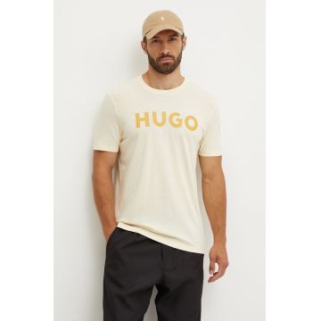 HUGO tricou din bumbac barbati, culoarea galben, cu imprimeu, 50467556