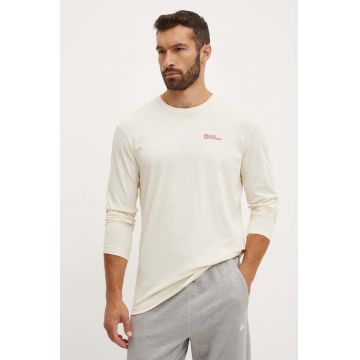 Jack Wolfskin longsleeve din bumbac Essential culoarea bej, neted