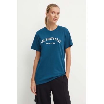 The North Face tricou din bumbac Tee Varsity Graphic femei, culoarea turcoaz, NF0A89CQ1NO1