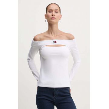 Tommy Jeans longsleeve femei, culoarea alb, decolteu spaniol, DW0DW18437