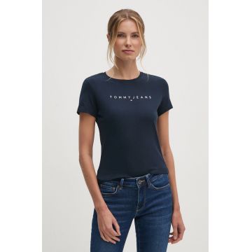 Tommy Jeans tricou din bumbac femei, culoarea albastru marin, DW0DW18398