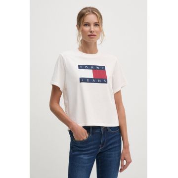 Tommy Jeans tricou din bumbac femei, culoarea bej, DW0DW18629