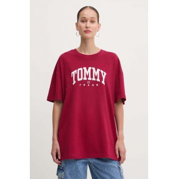 Tommy Jeans tricou din bumbac femei, culoarea bordo, DW0DW18403