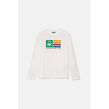 United Colors of Benetton longsleeve din bumbac pentru copii culoarea alb, cu imprimeu, 3I1XC10JN